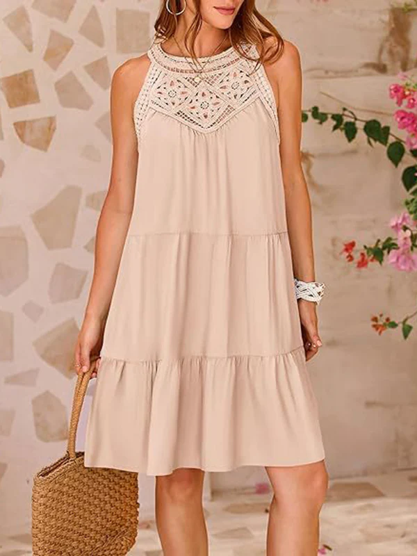 A-Line Loose Hollow Pleated Solid Color Split-Joint Round-Neck Mini Dresses - Image 16