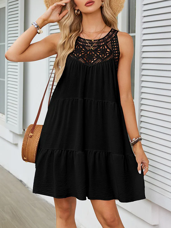 A-Line Loose Hollow Pleated Solid Color Split-Joint Round-Neck Mini Dresses - Image 18