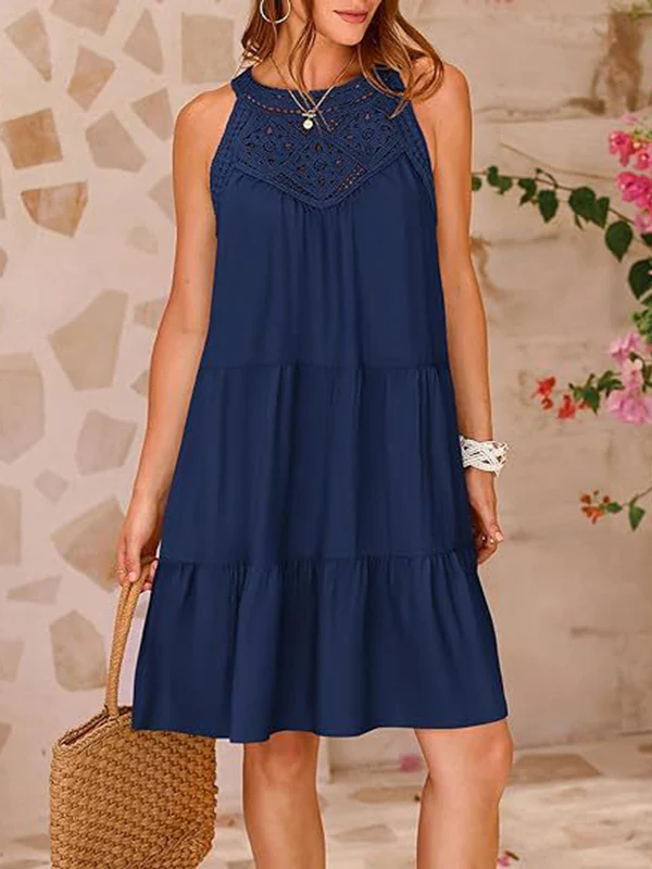 A-Line Loose Hollow Pleated Solid Color Split-Joint Round-Neck Mini Dresses - Image 22