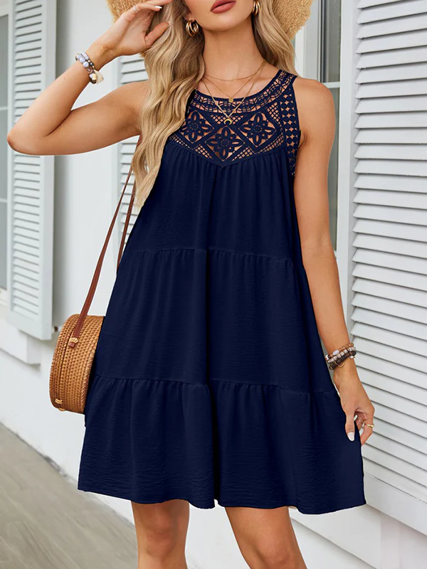 A-Line Loose Hollow Pleated Solid Color Split-Joint Round-Neck Mini Dresses - Image 23
