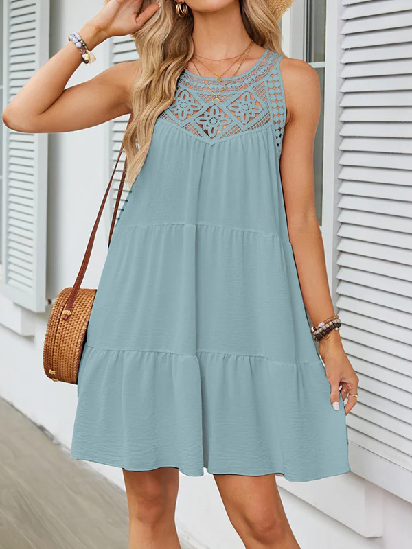 A-Line Loose Hollow Pleated Solid Color Split-Joint Round-Neck Mini Dresses - Image 24