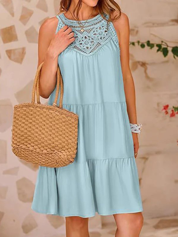 A-Line Loose Hollow Pleated Solid Color Split-Joint Round-Neck Mini Dresses - Image 25