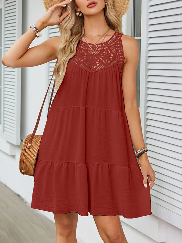 A-Line Loose Hollow Pleated Solid Color Split-Joint Round-Neck Mini Dresses - Image 27