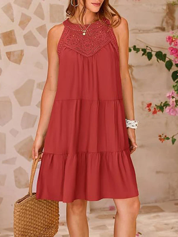 A-Line Loose Hollow Pleated Solid Color Split-Joint Round-Neck Mini Dresses - Image 28