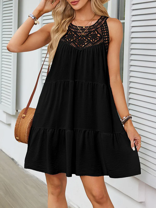 A-Line Loose Hollow Pleated Solid Color Split-Joint Round-Neck Mini Dresses - Image 3