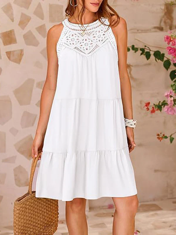 A-Line Loose Hollow Pleated Solid Color Split-Joint Round-Neck Mini Dresses - Image 31