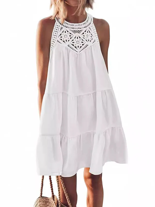 A-Line Loose Hollow Pleated Solid Color Split-Joint Round-Neck Mini Dresses - Image 33