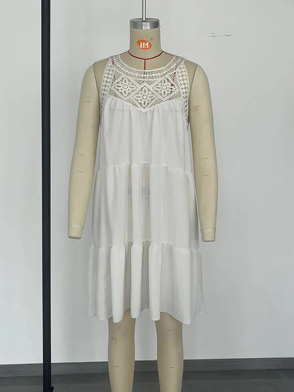 A-Line Loose Hollow Pleated Solid Color Split-Joint Round-Neck Mini Dresses - Image 34