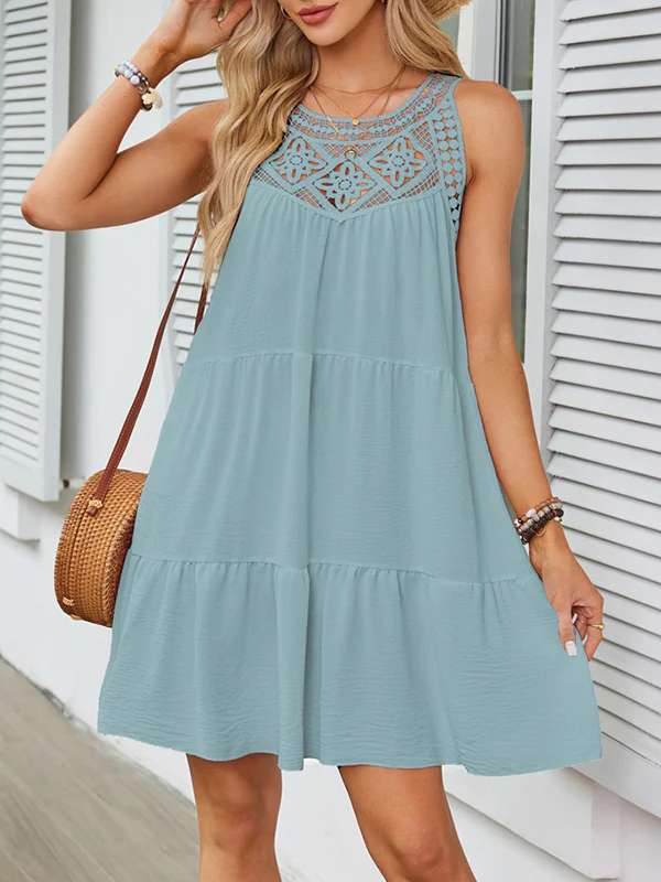 A-Line Loose Hollow Pleated Solid Color Split-Joint Round-Neck Mini Dresses - Image 4