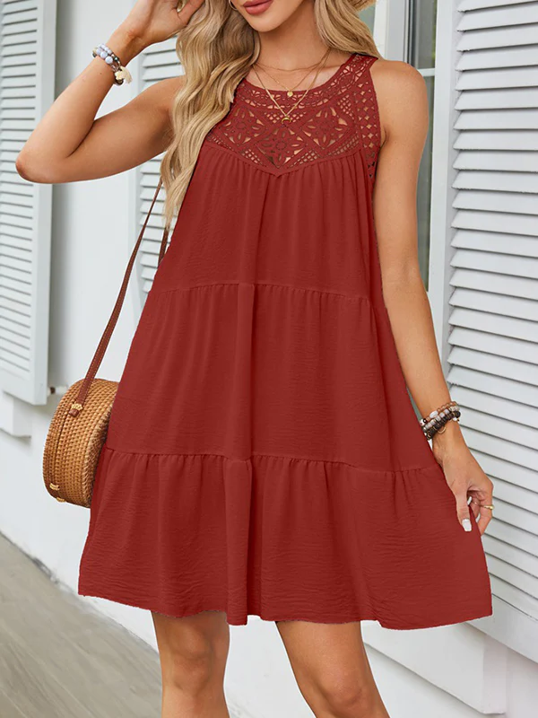 A-Line Loose Hollow Pleated Solid Color Split-Joint Round-Neck Mini Dresses - Image 5