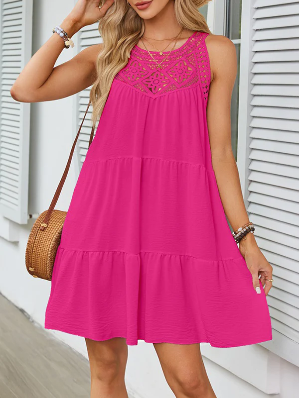 A-Line Loose Hollow Pleated Solid Color Split-Joint Round-Neck Mini Dresses - Image 8