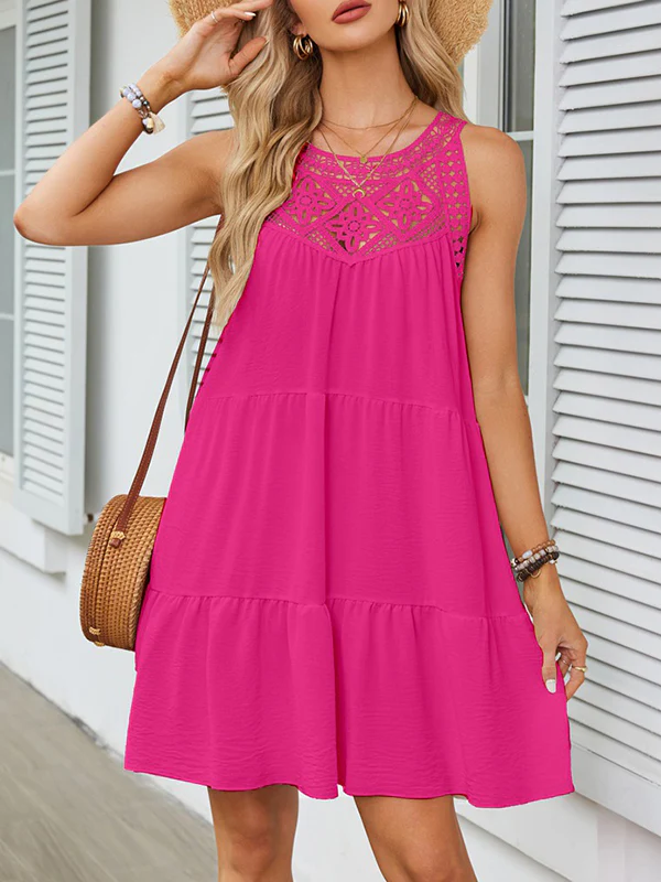A-Line Loose Hollow Pleated Solid Color Split-Joint Round-Neck Mini Dresses - Image 9
