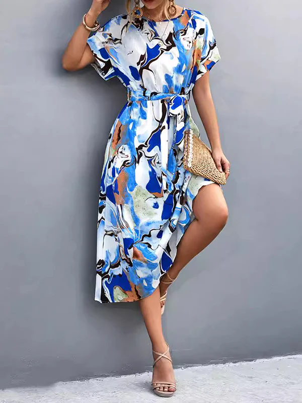 A-Line Loose Hollow Printed Tied Waist Round-Neck Midi Dresses - Image 2