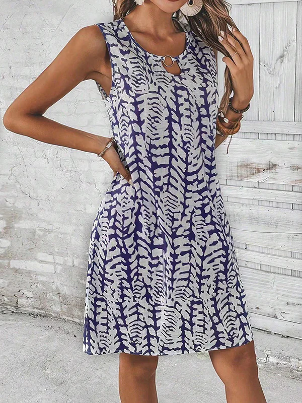 A-Line Loose Hollow Printed U-Neck Mini Dresses - Image 2