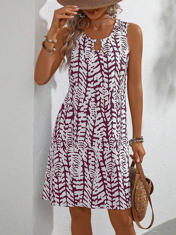 A-Line Loose Hollow Printed U-Neck Mini Dresses - Image 7