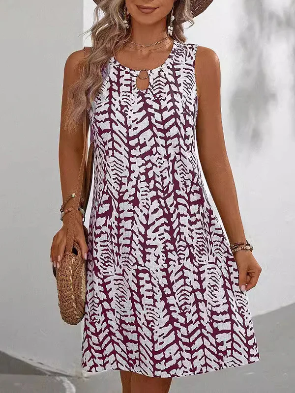 A-Line Loose Hollow Printed U-Neck Mini Dresses - Image 8