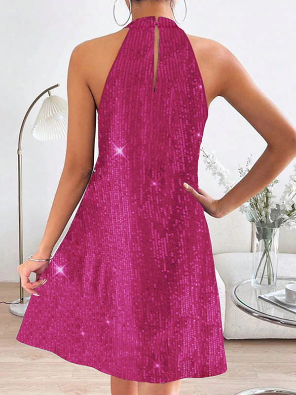 A-Line Loose Hollow Sequined Solid Color Halter-Neck Mini Dresses - Image 3