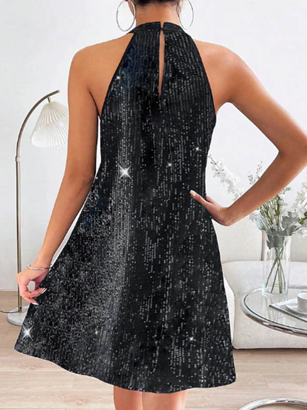 A-Line Loose Hollow Sequined Solid Color Halter-Neck Mini Dresses - Image 7