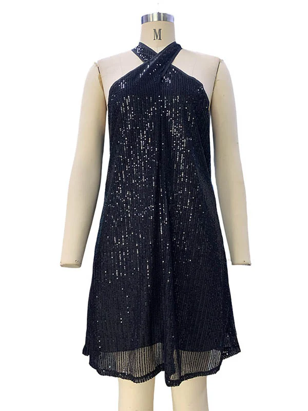 A-Line Loose Hollow Sequined Solid Color Halter-Neck Mini Dresses - Image 8