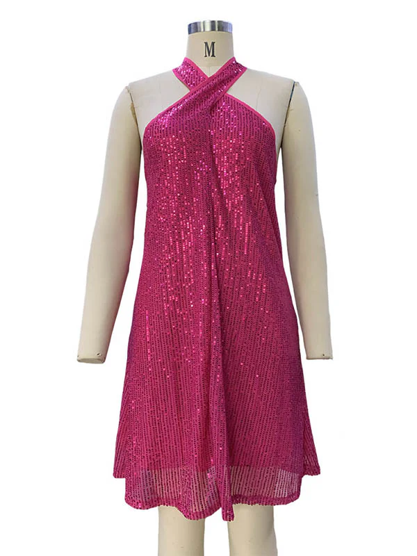 A-Line Loose Hollow Sequined Solid Color Halter-Neck Mini Dresses - Image 9