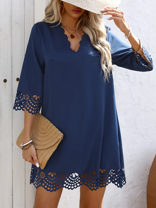 A-Line Loose Hollow Solid Color V-Neck Mini Dresses - Image 13