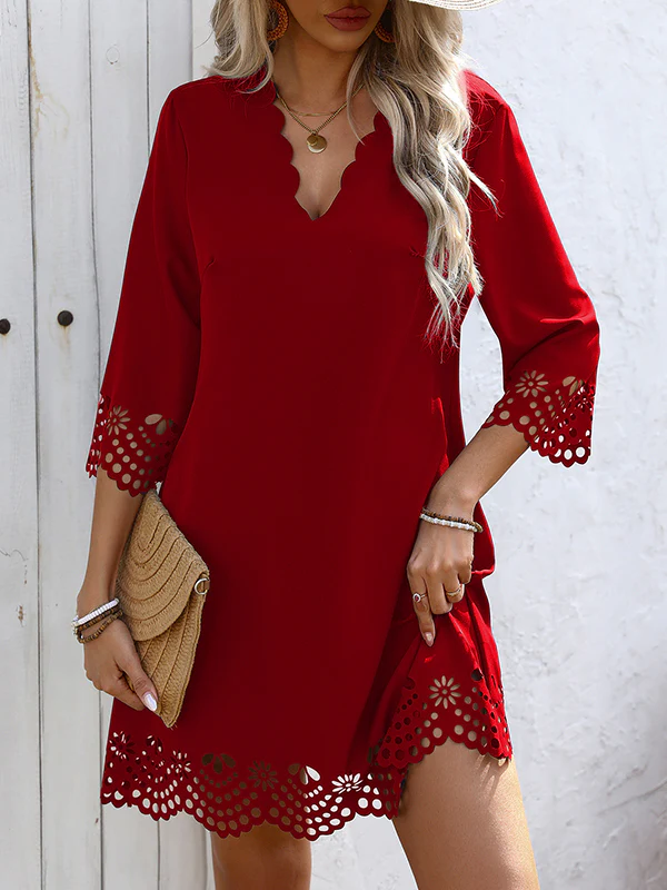A-Line Loose Hollow Solid Color V-Neck Mini Dresses - Image 3