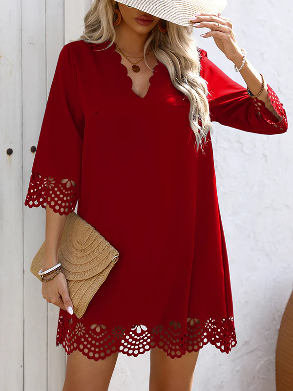 A-Line Loose Hollow Solid Color V-Neck Mini Dresses - Image 4