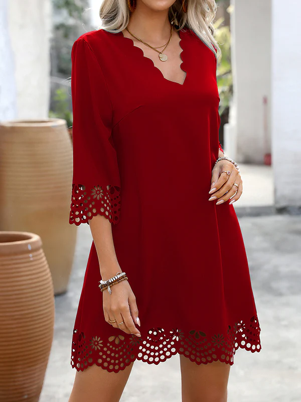 A-Line Loose Hollow Solid Color V-Neck Mini Dresses - Image 5