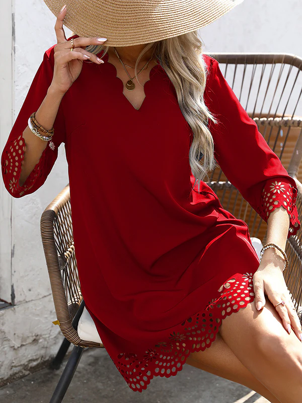 A-Line Loose Hollow Solid Color V-Neck Mini Dresses - Image 6
