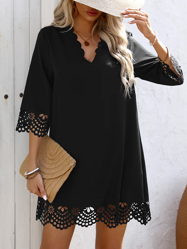 A-Line Loose Hollow Solid Color V-Neck Mini Dresses - Image 8