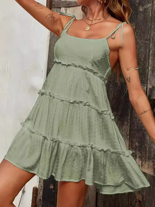 A-Line Loose Jacquard Layered Pleated Solid Color Split-Joint Spaghetti-Neck Mini Dresses - Image 12