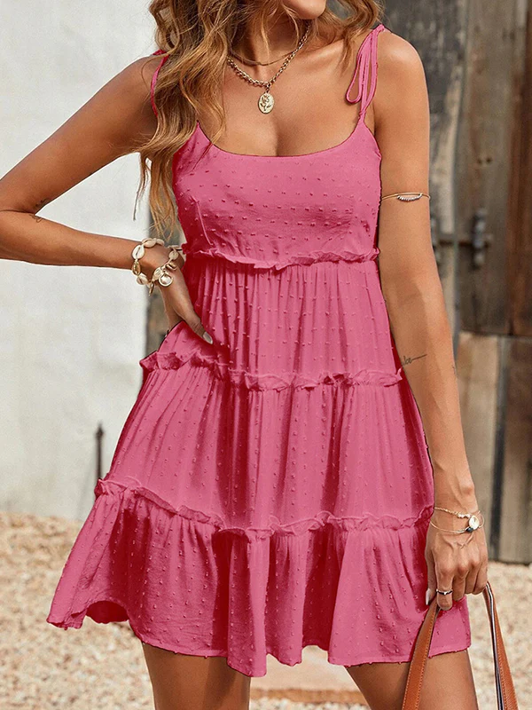 A-Line Loose Jacquard Layered Pleated Solid Color Split-Joint Spaghetti-Neck Mini Dresses - Image 13