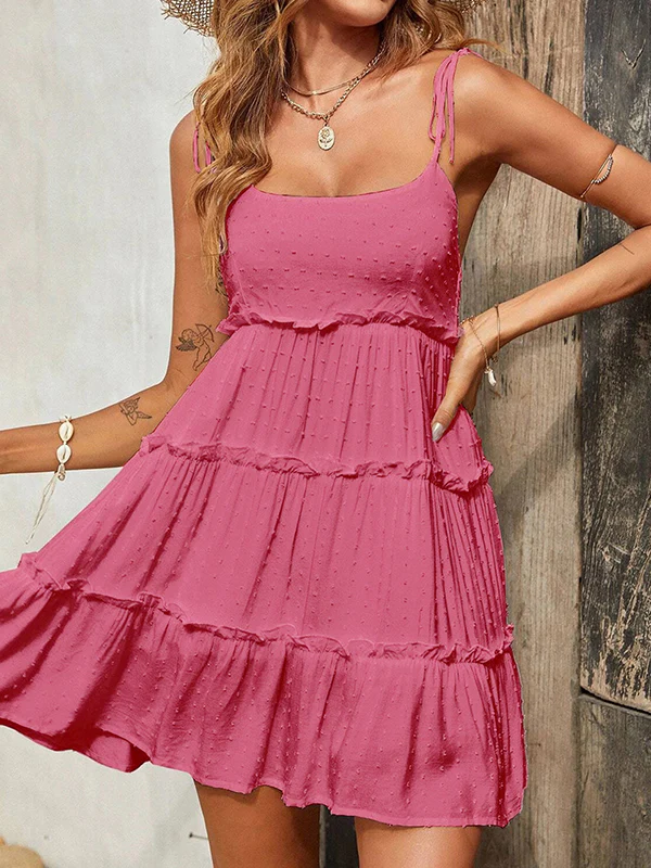 A-Line Loose Jacquard Layered Pleated Solid Color Split-Joint Spaghetti-Neck Mini Dresses - Image 14
