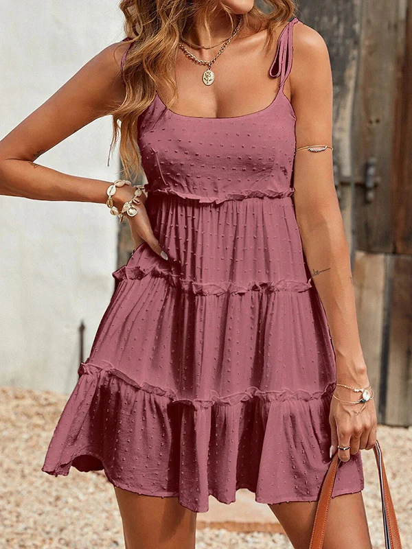 A-Line Loose Jacquard Layered Pleated Solid Color Split-Joint Spaghetti-Neck Mini Dresses - Image 19