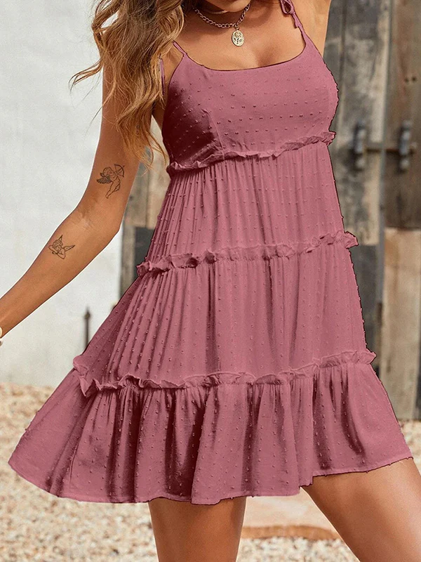A-Line Loose Jacquard Layered Pleated Solid Color Split-Joint Spaghetti-Neck Mini Dresses - Image 20