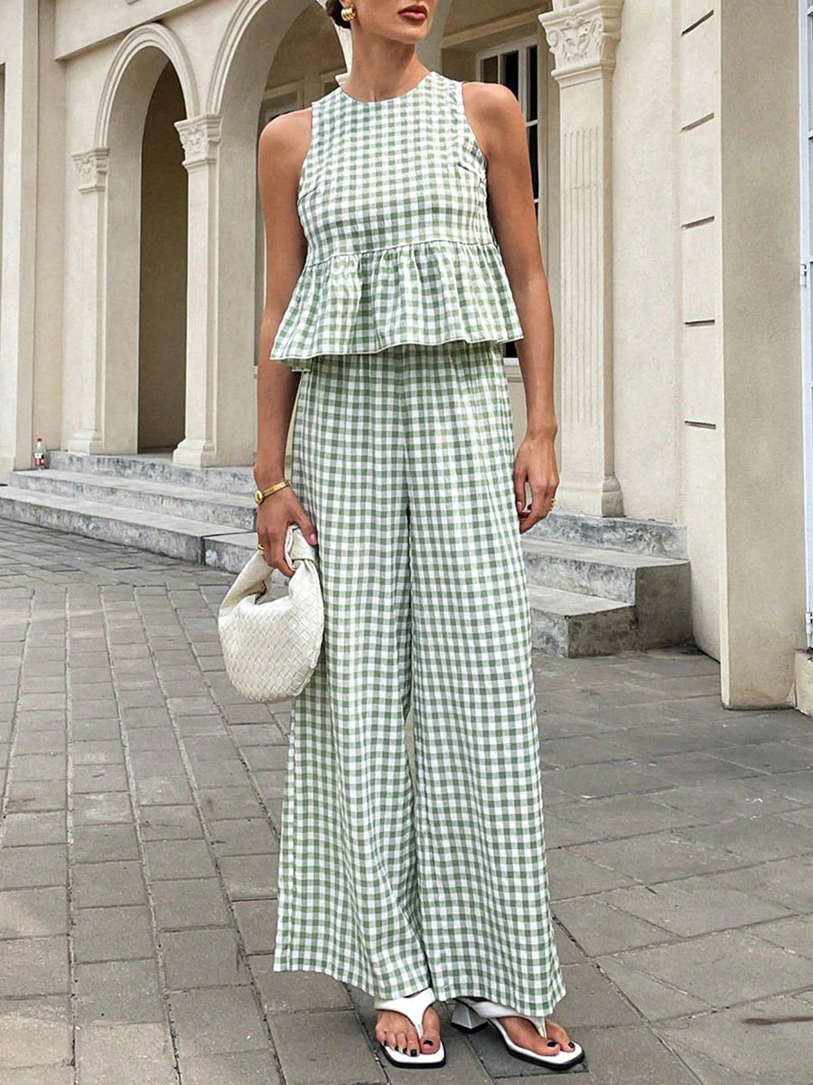 A-Line Loose Plaid Pleated Split-Joint Round-Neck Vest Top + Pants Bottom Suits - Image 10