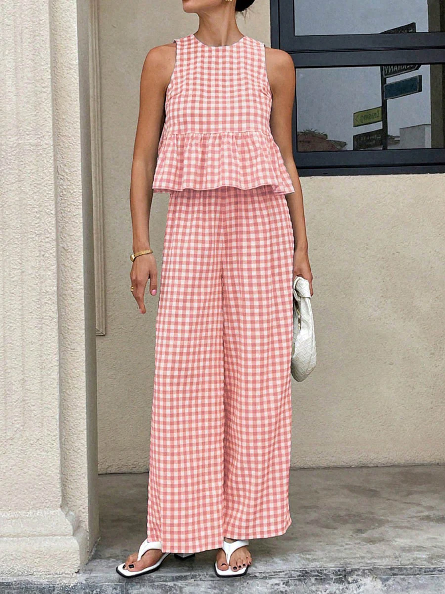 A-Line Loose Plaid Pleated Split-Joint Round-Neck Vest Top + Pants Bottom Suits - Image 11