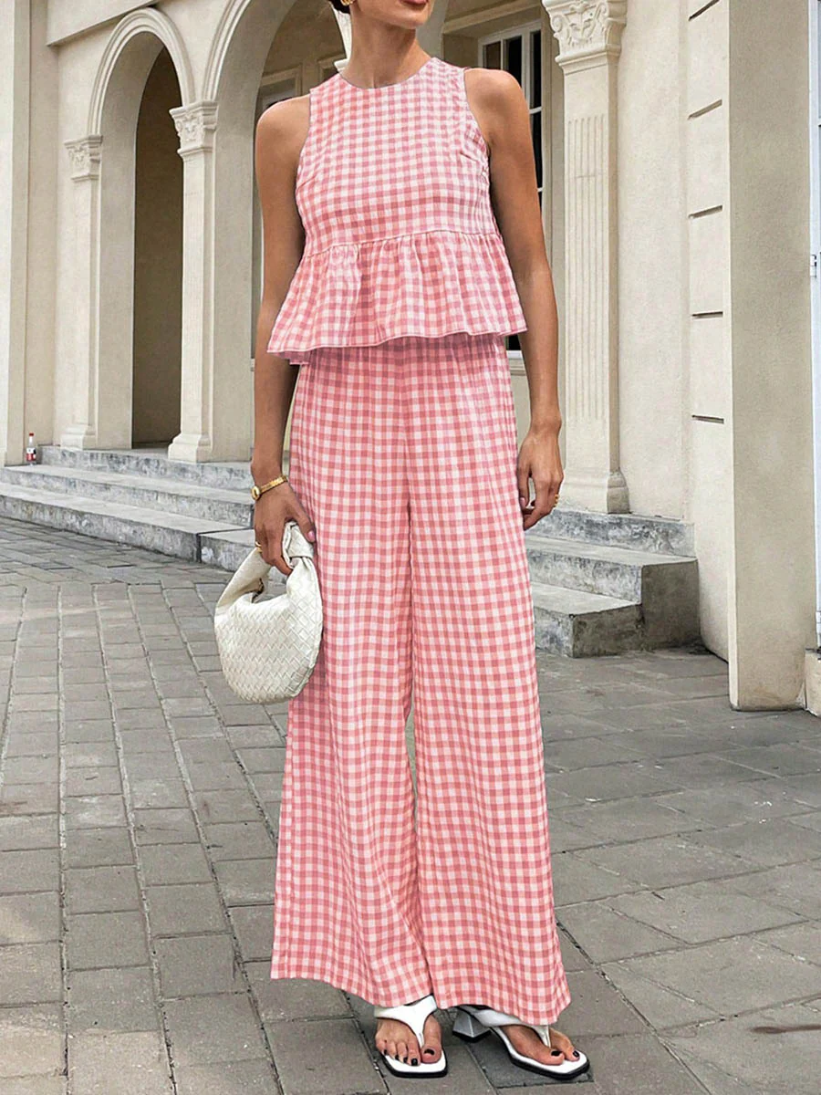 A-Line Loose Plaid Pleated Split-Joint Round-Neck Vest Top + Pants Bottom Suits - Image 12