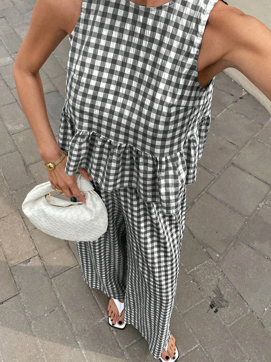 A-Line Loose Plaid Pleated Split-Joint Round-Neck Vest Top + Pants Bottom Suits - Image 15
