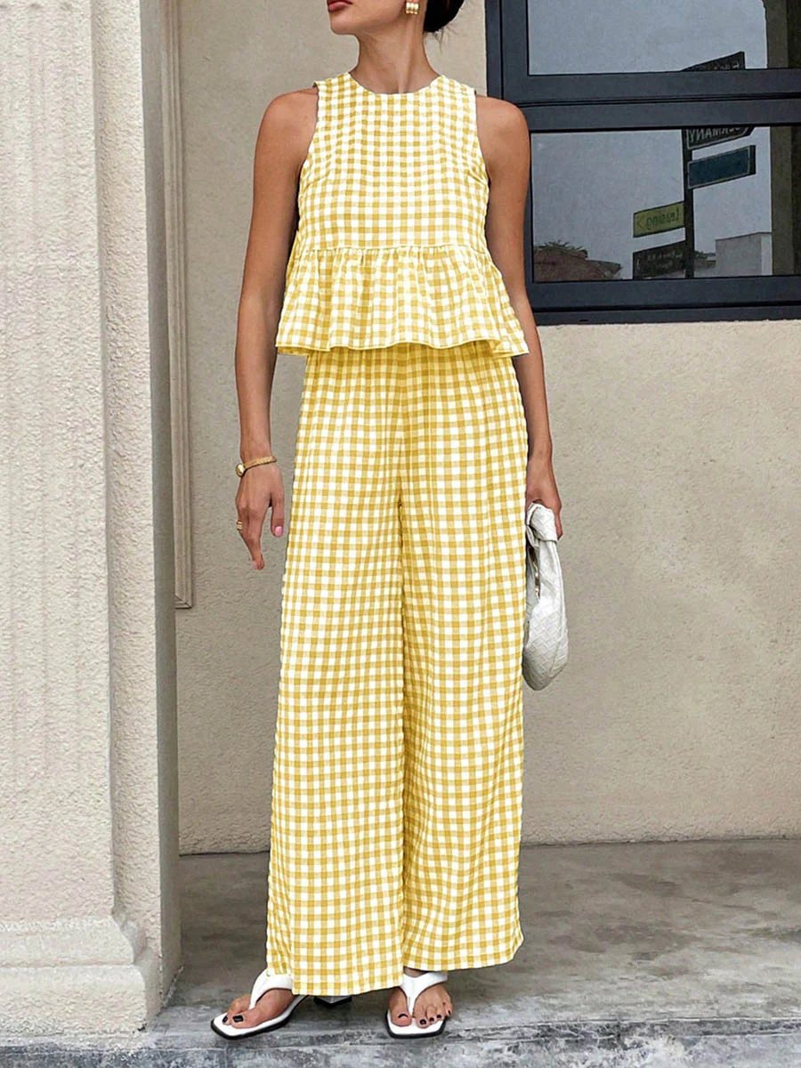 A-Line Loose Plaid Pleated Split-Joint Round-Neck Vest Top + Pants Bottom Suits - Image 16