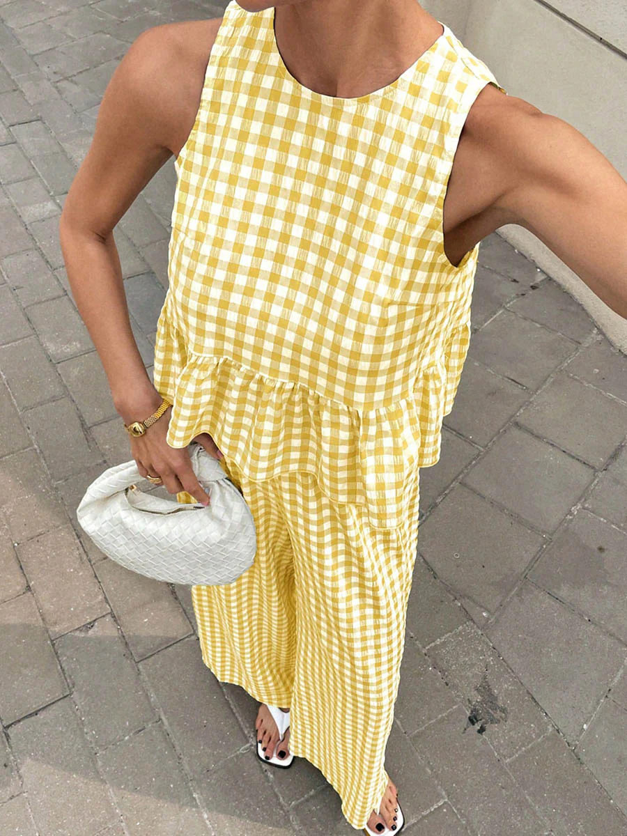 A-Line Loose Plaid Pleated Split-Joint Round-Neck Vest Top + Pants Bottom Suits - Image 18