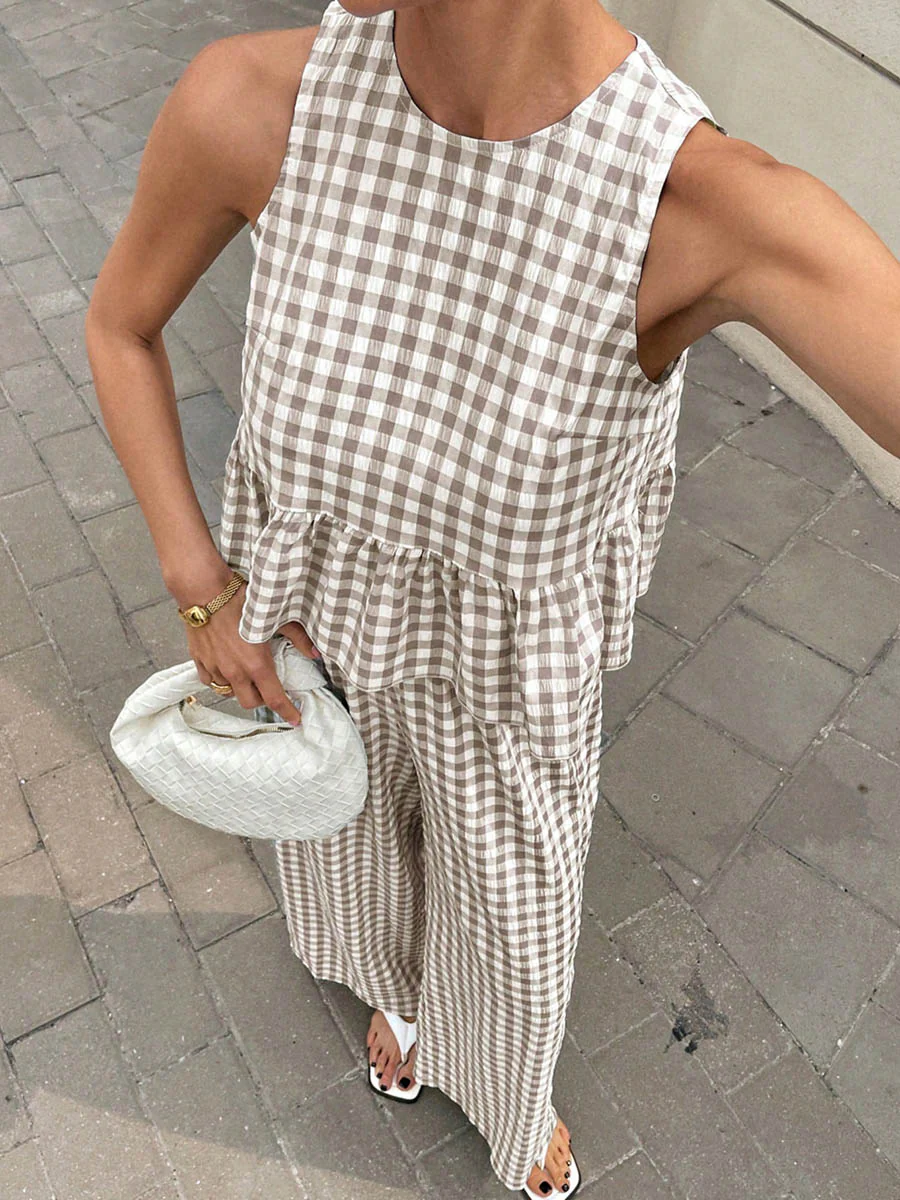 A-Line Loose Plaid Pleated Split-Joint Round-Neck Vest Top + Pants Bottom Suits - Image 19