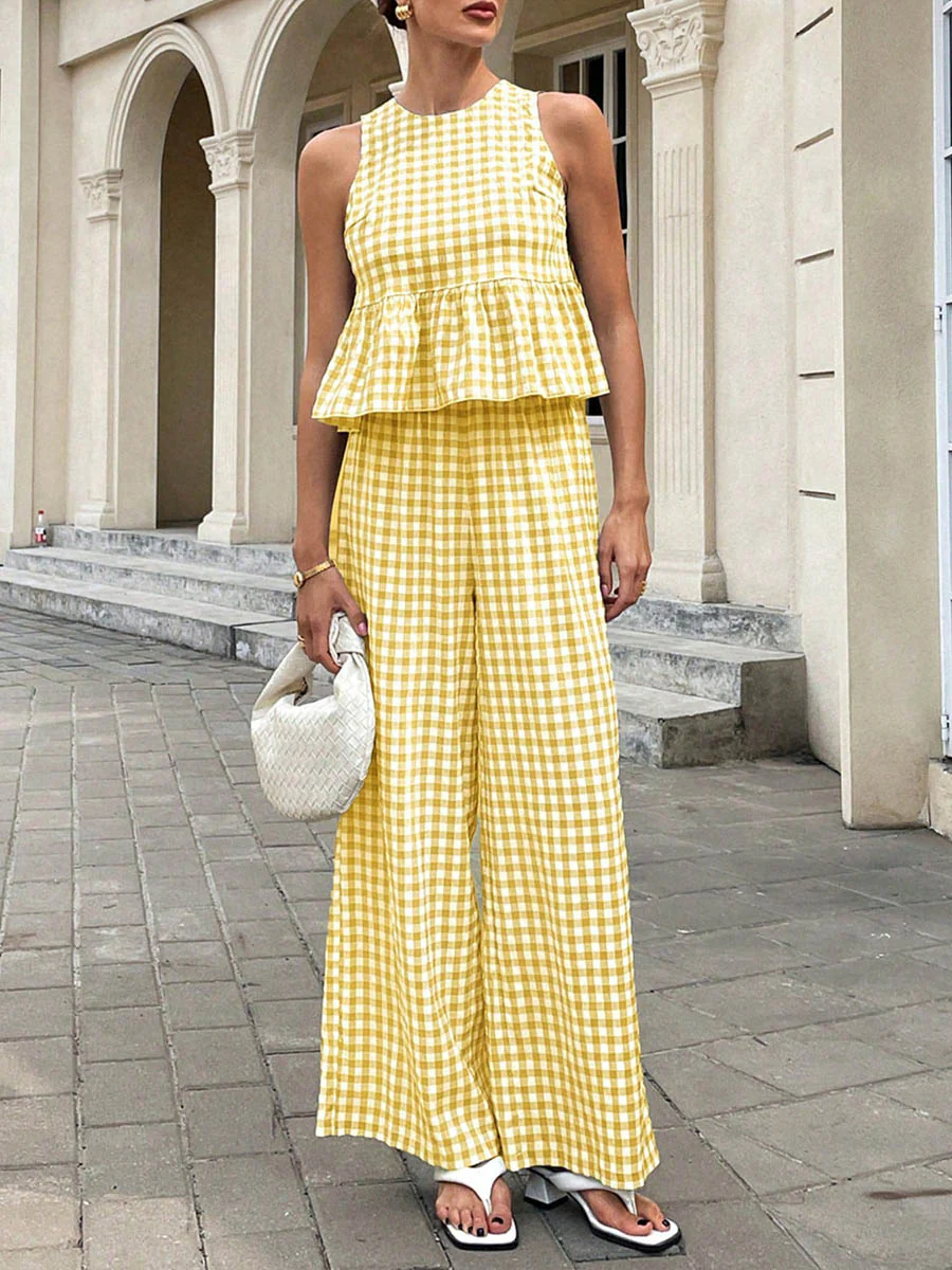 A-Line Loose Plaid Pleated Split-Joint Round-Neck Vest Top + Pants Bottom Suits - Image 2