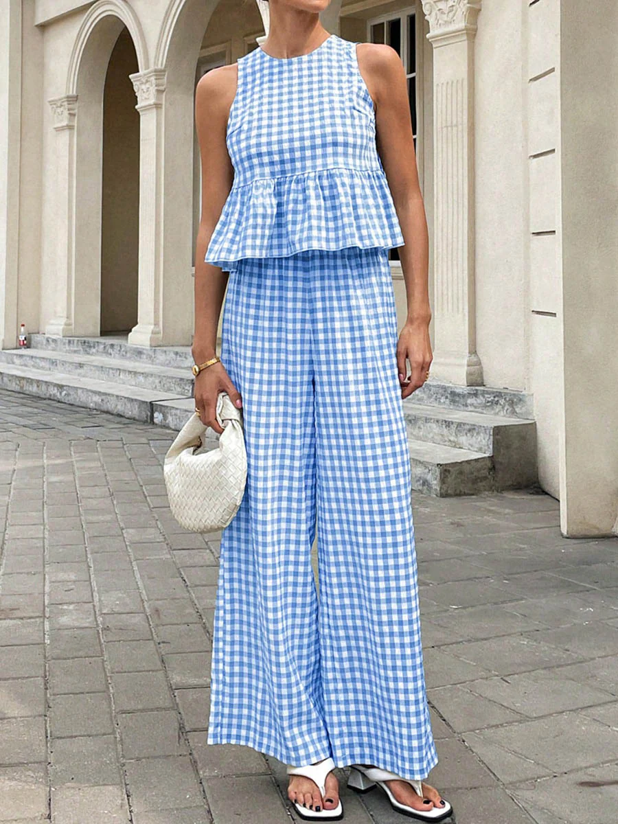 A-Line Loose Plaid Pleated Split-Joint Round-Neck Vest Top + Pants Bottom Suits - Image 4