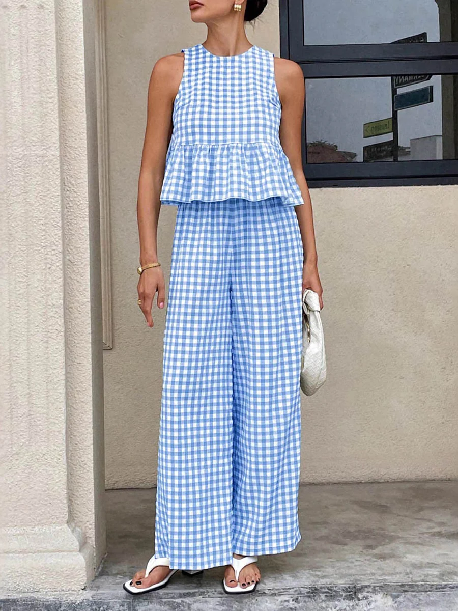 A-Line Loose Plaid Pleated Split-Joint Round-Neck Vest Top + Pants Bottom Suits - Image 6