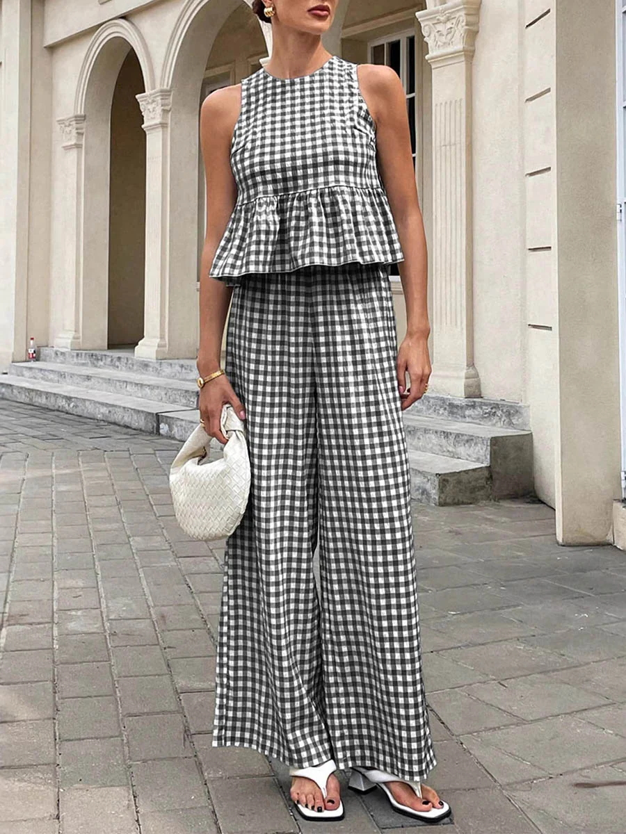 A-Line Loose Plaid Pleated Split-Joint Round-Neck Vest Top + Pants Bottom Suits - Image 7