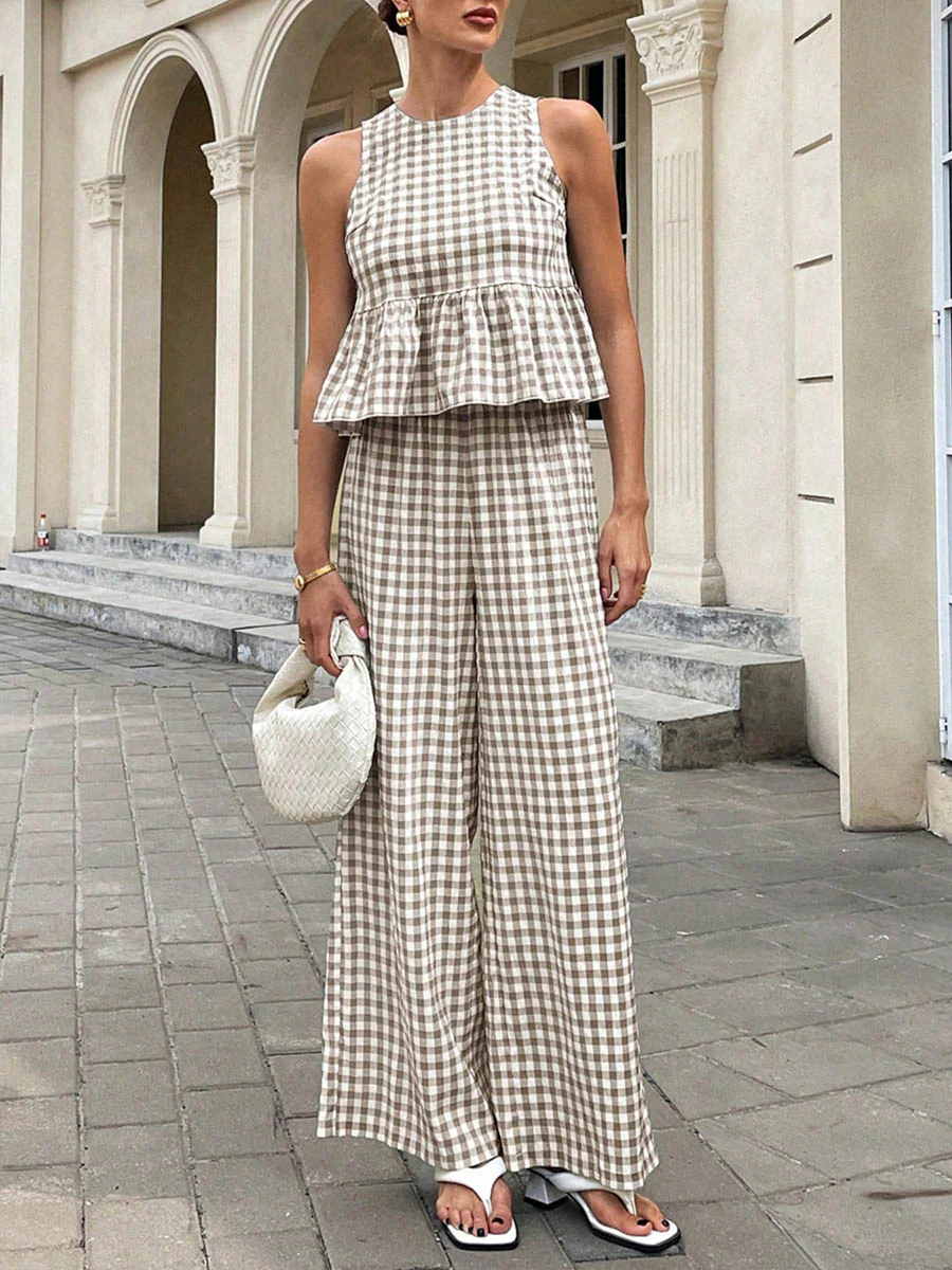 A-Line Loose Plaid Pleated Split-Joint Round-Neck Vest Top + Pants Bottom Suits - Image 8