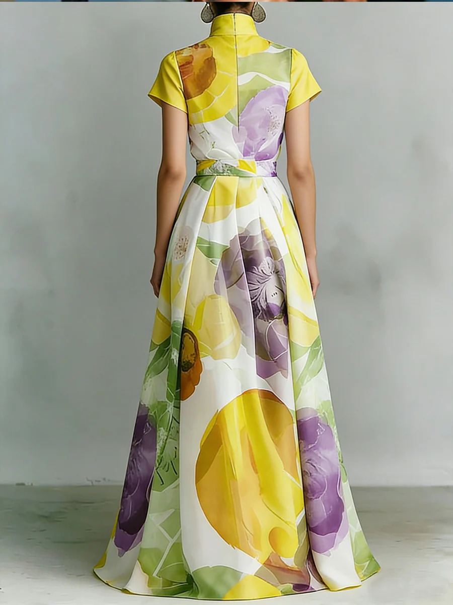 A-Line Loose Pleated Pockets Printed Zipper Stand Collar Maxi Dresses - Image 2
