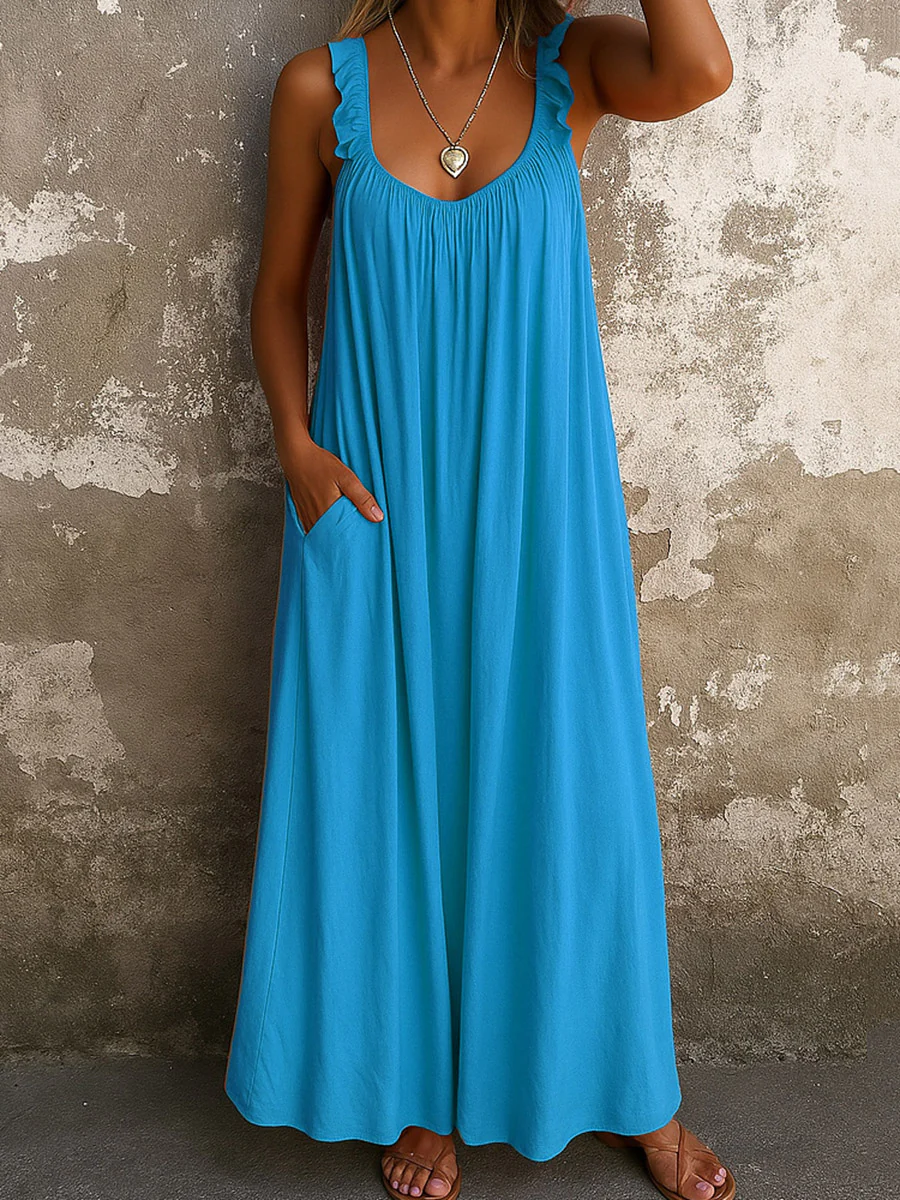 A-Line Loose Pleated Pockets Ruffled Solid Color Split-Joint U-Neck Maxi Dresses
