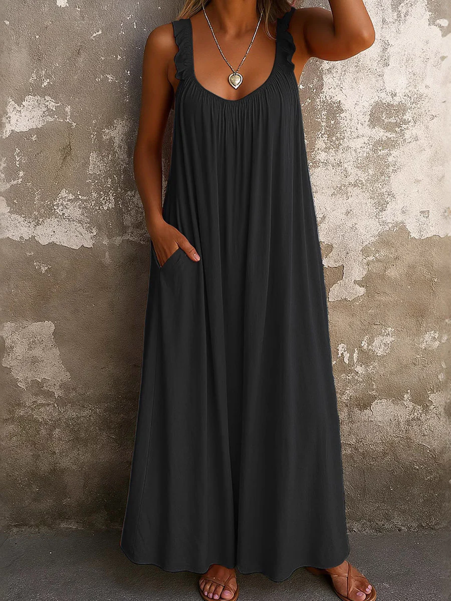 A-Line Loose Pleated Pockets Ruffled Solid Color Split-Joint U-Neck Maxi Dresses - Image 2